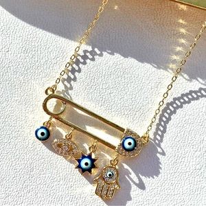 NEW Evil Eye Hamsa Safety Pin Charm Gold Necklace Adjustable Boho Egypt Greece